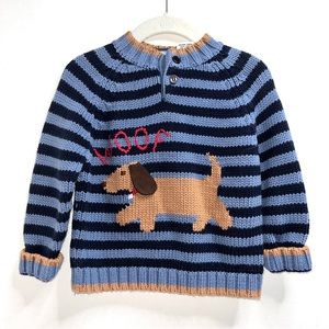 Bowen & Wright pullover sweater, 100% cotton, blue and navy stripe with dog